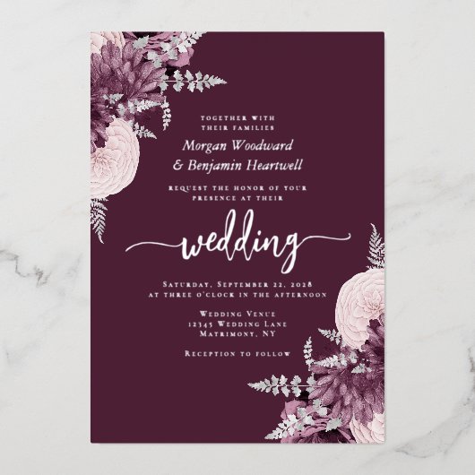 Elegant Mauve Silver Floral Wedding Folie Uitnodiging (Voorkant)