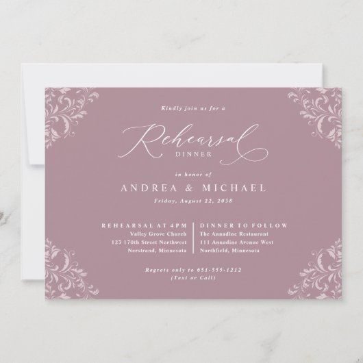 Elegant Mauve Wedding Rehearsal Dinner Kaart (Voorkant)