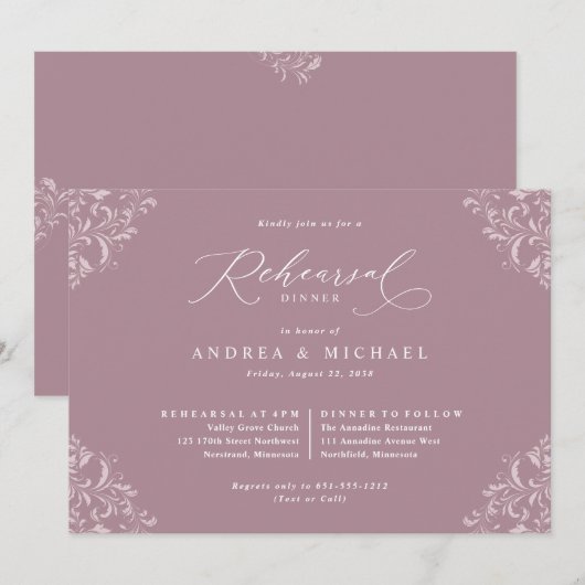 Elegant Mauve Wedding Rehearsal Dinner Kaart (Voorkant / Achterkant)
