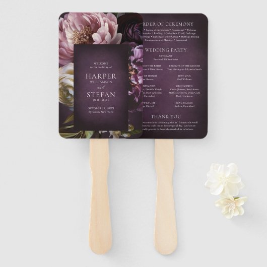 Elegant Maximaal Paars Bloem Bruiloftsprogramma Handwaaier (Voorkant en achterkant)