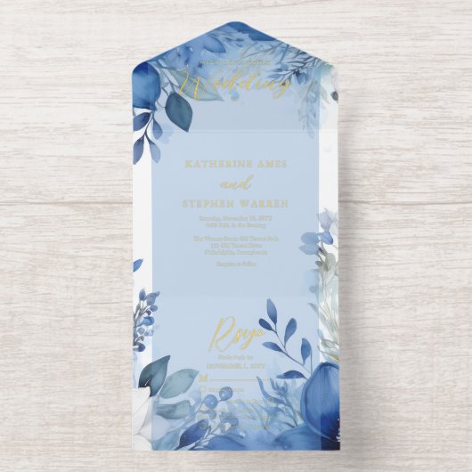 Elegant Maximalist Blue Floral Wedding All In One Uitnodiging (Binnenkant)