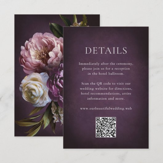 Elegant Maximalist Purple Floral QR Code Wedding Informatiekaartje (Voorkant / Achterkant)