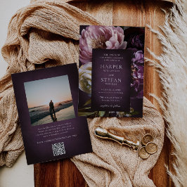 Elegant Maximalist Purple Floral QR Code Wedding Kaart