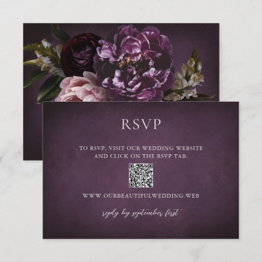 Elegant Maximalist Purple Floral QR Code Wedding RSVP Kaartje (Voorkant / Achterkant)