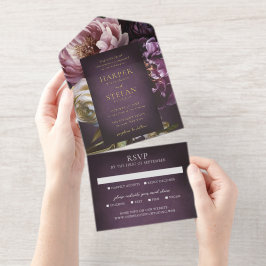 Elegant Maximalist Purple Floral Wedding All In One Uitnodiging