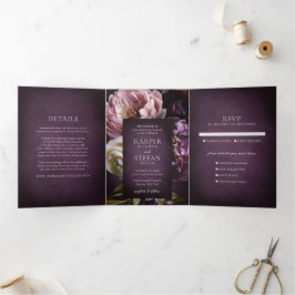 Elegant Maximalist Purple Floral Wedding Drieluik Uitnodiging