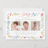 Elegant Meadow Blooms Pink Bow 3 Foto Geboorte Aankondiging (Voorkant)