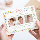 Elegant Meadow Blooms Pink Bow 3 Foto Geboorte Aankondiging