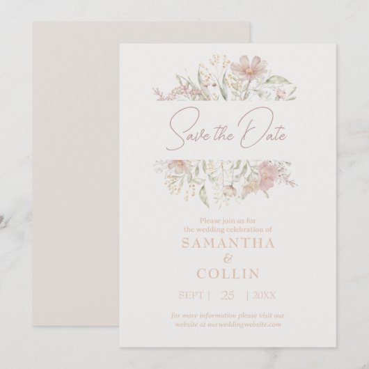 Elegant Meadow Minimalist Floral Save the Date Kaart (Voorkant / Achterkant)