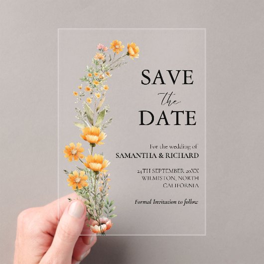Elegant Meadow Wildflower Bruiloft Bewaar de datum Acryl Uitnodigingen (Insitu (Draagbaar))