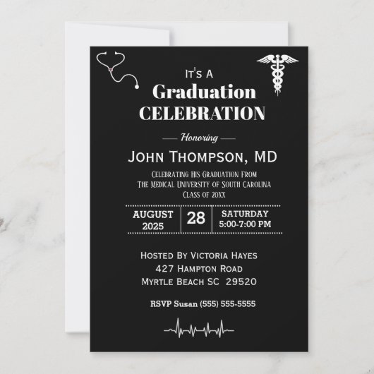 Elegant Medical Graduation Party Black and White Kaart (Voorkant)