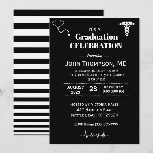 Elegant Medical Graduation Party Black and White Kaart (Voorkant / Achterkant)