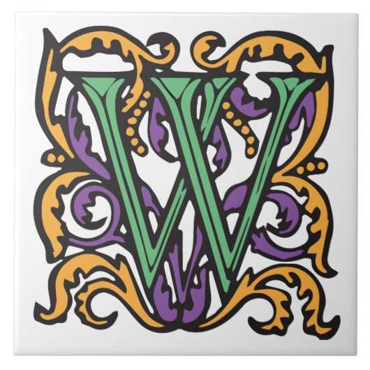 Elegant Medieval Green Letter W Monogram Tegeltje (Voorkant)