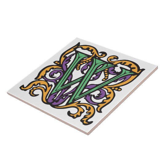 Elegant Medieval Green Letter W Monogram Tegeltje (Zijkant)
