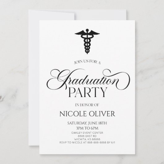 Elegant Medisch Caduceus Afstuderen Kaart (Voorkant)