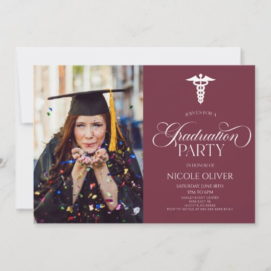 Elegant Medisch Caduceus Custom Afbeelding Afstude Kaart (Voorkant)