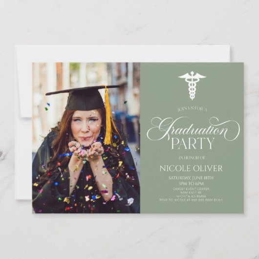 Elegant Medisch Caduceus Custom Afbeelding Afstude Kaart (Voorkant)