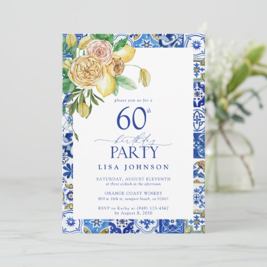 Elegant Mediterraan 60e Verjaardagsfeestje Citroen Kaart (Staand voorkant)