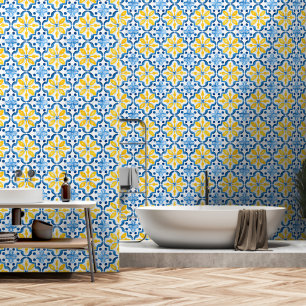 Elegant mediterraan blauw geel tegelpatroon behang