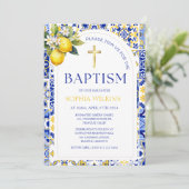 Elegant Mediterraan Citroenblauw Tegels Doop Kaart (Staand voorkant)