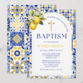 Elegant Mediterraan Citroenblauw Tegels Doop Kaart (Voorkant / Achterkant)