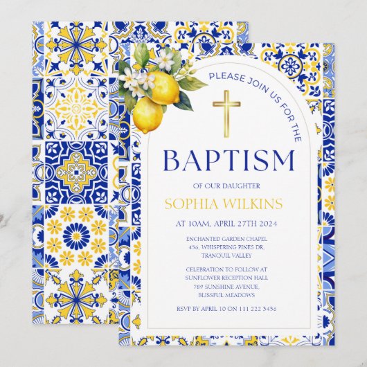 Elegant Mediterraan Citroenblauw Tegels Doop Kaart (Voorkant / Achterkant)