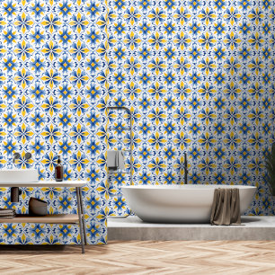 Elegant mediterraan patroon blauw geel behang