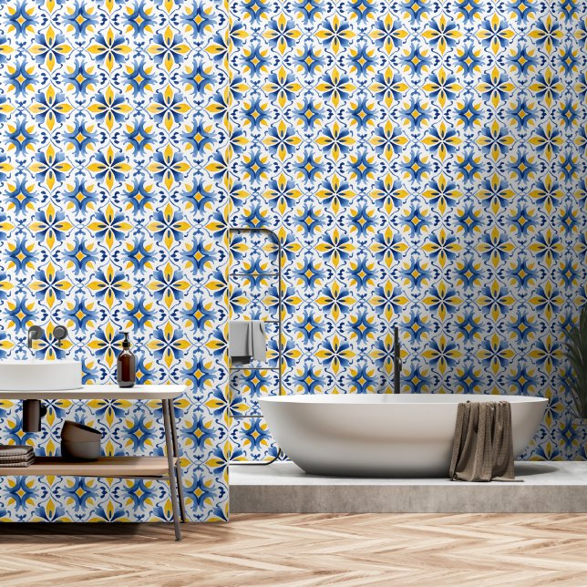 Elegant Mediterraan Patroon Blauw Geel Behang (Badkamer)