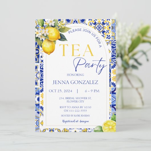 Elegant Mediterraans Citroen Tegels Bruids Tea Par Kaart (Staand voorkant)