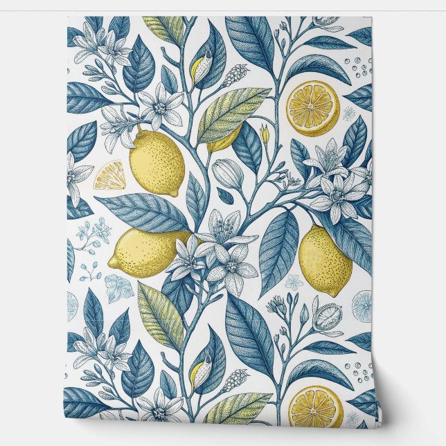 Elegant Mediterranean Lemon Botanical Navy Behang (Afrollen)
