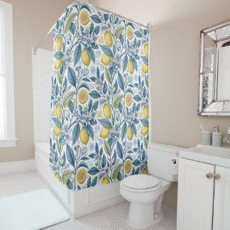 Elegant Mediterranean Lemon Botanical Navy Douchegordijn