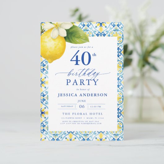 Elegant Mediterranean Lemon Floral 40th Birthday Kaart (Staand voorkant)
