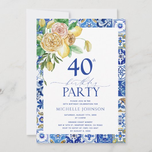 Elegant Mediterranean Lemon Floral 40th Birthday Kaart (Voorkant)