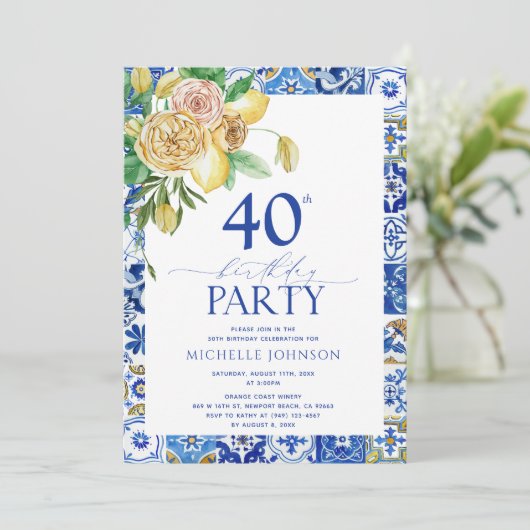 Elegant Mediterranean Lemon Floral 40th Birthday Kaart (Staand voorkant)