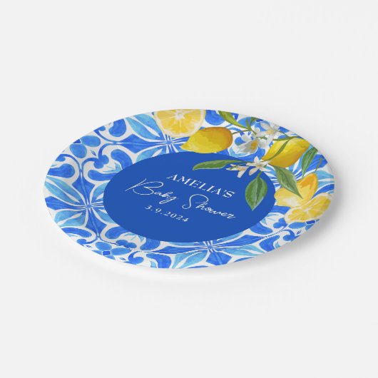 Elegant Mediterranean Lemon Floral Baby shower Papieren Bordje (Gekanteld)