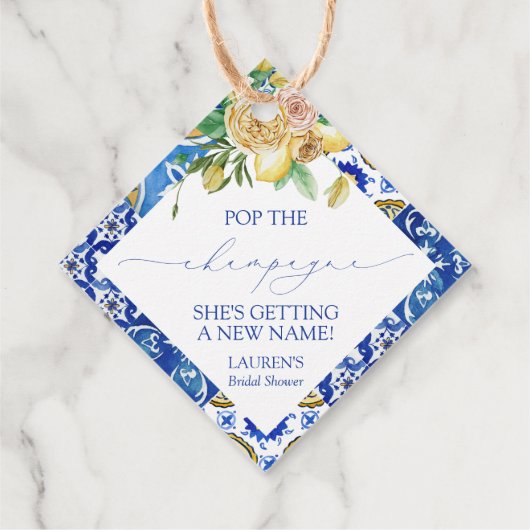 Elegant Mediterranean Lemon Mini Champagne Bottle Bedankjes Labels (Achterkant)