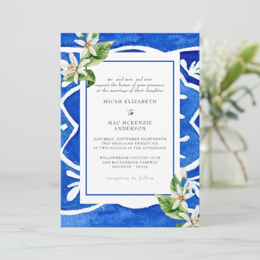 Elegant Mediterranean Waterverf Tile Bride Parent Kaart (Staand voorkant)