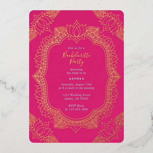 Elegant Mehndi Bachelorette Party Gold Folie Uitnodiging (Voorkant)