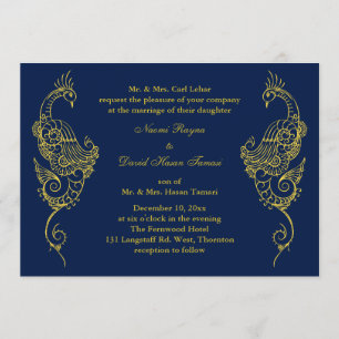 Elegant Mehndi Peacock Wedding Invitation - Navy Kaart