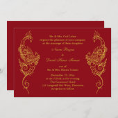Elegant Mehndi Peacock Wedding Invitation - Red Kaart (Voorkant / Achterkant)