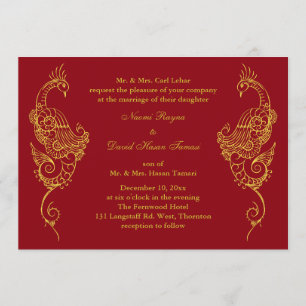 Elegant Mehndi Peacock Wedding Invitation - Red Kaart