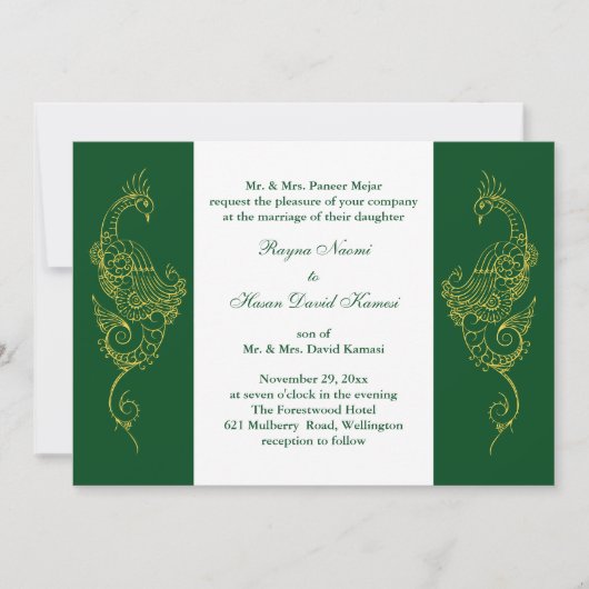 Elegant Mehndi Peacock Wedding Invite Green White Kaart (Voorkant)