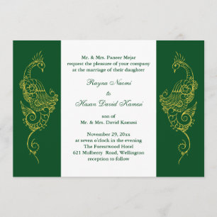 Elegant Mehndi Peacock Wedding Invite Green White Kaart