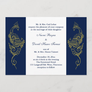 Elegant Mehndi Peacock Wedding Invite Navy & White Kaart