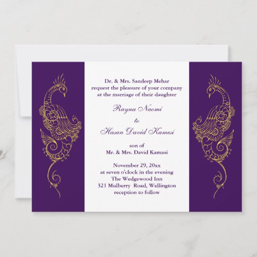 Elegant Mehndi Peacock Wedding Invite Paars White Kaart (Voorkant)