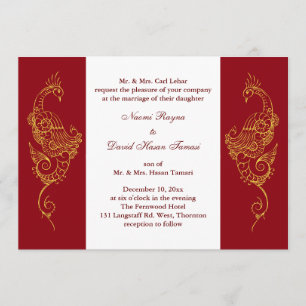 Elegant Mehndi Peacock Wedding Invite Red & White Kaart