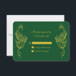 Elegant Mehndi Peacock Wedding RSVP - groen<br><div class="desc">Deze elegante henna geïnspireerde bruiloft RSVP is geaccentueerd met handgeschetste gouden pauzes op een donkergroene achtergrond, waardoor dit middelmatige ontwerp perfect is voor het moderne of traditionele Indische huwelijk. De coördinerende Elegant Mehndi Peacock Wedding Invitation - groen, is beschikbaar; nochtans als extra punten nodig zijn, slechts contacteer ons bij prettyfancyinvites@gmail.com...</div>