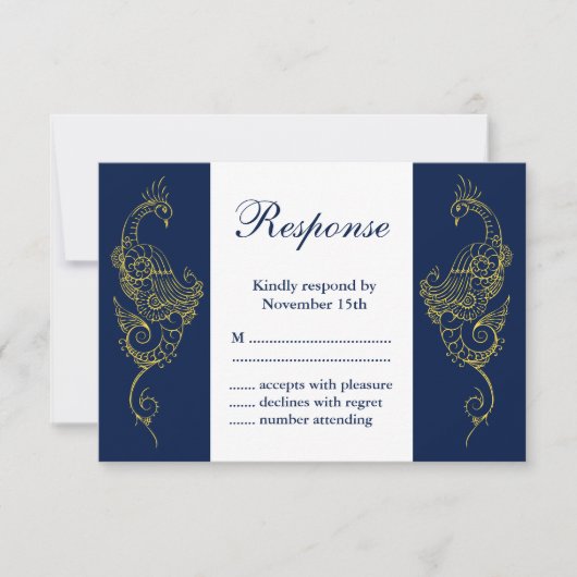 Elegant Mehndi Peacock Wedding RSVP - marine & Whi (Voorkant)