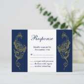 Elegant Mehndi Peacock Wedding RSVP - marine & Whi (Staand voorkant)