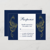 Elegant Mehndi Peacock Wedding RSVP - marine & Whi (Voorkant / Achterkant)